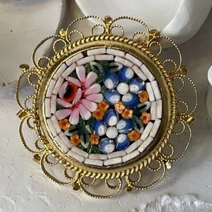 MICRO Mosaic Circular Floral Brooch Gold Tone Filigree Surrounding Mosaic
